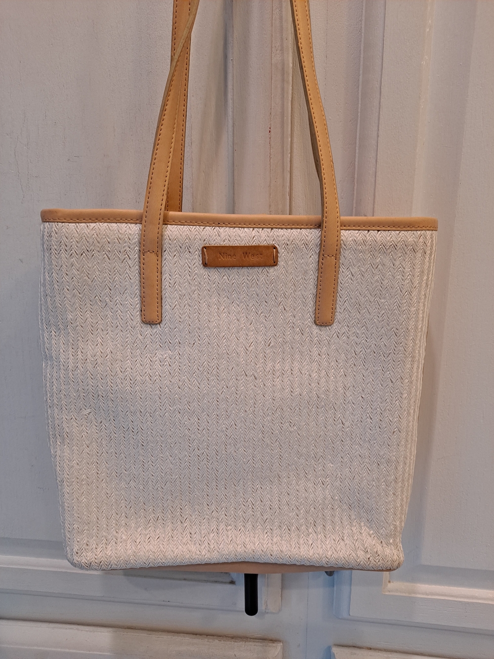 Nine West Accessories White Cream Woven Raffia Classic Boxy Tote Bag Tan Trim